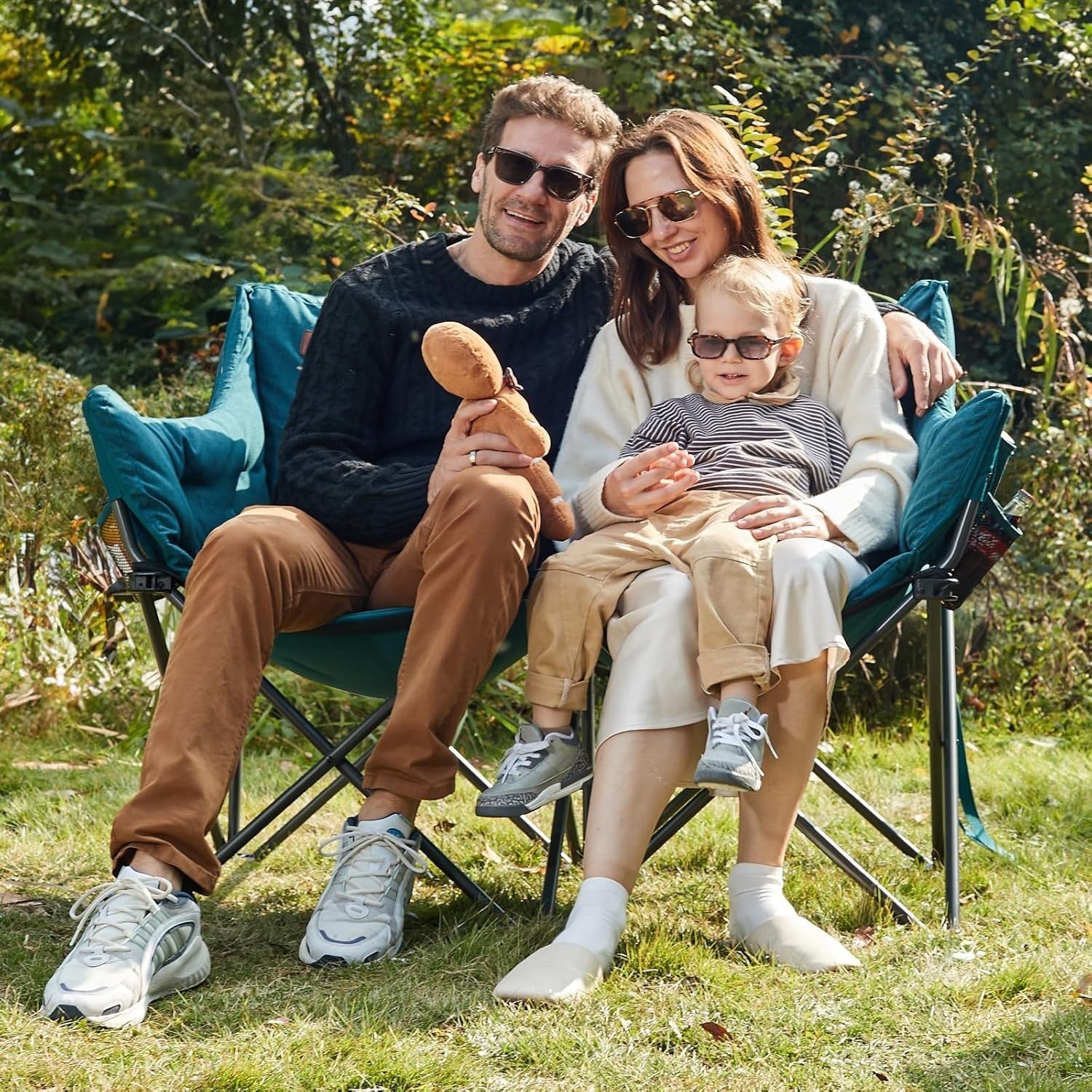 Heavy Duty Folding 2-Seater Camping Chair with Padded Cushions & Side Pockets