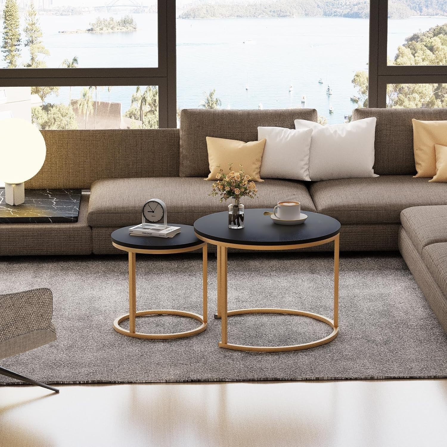 Nesting Coffee Tables Set of 2 Modern Round Black Gold Metal Side End Space Savi