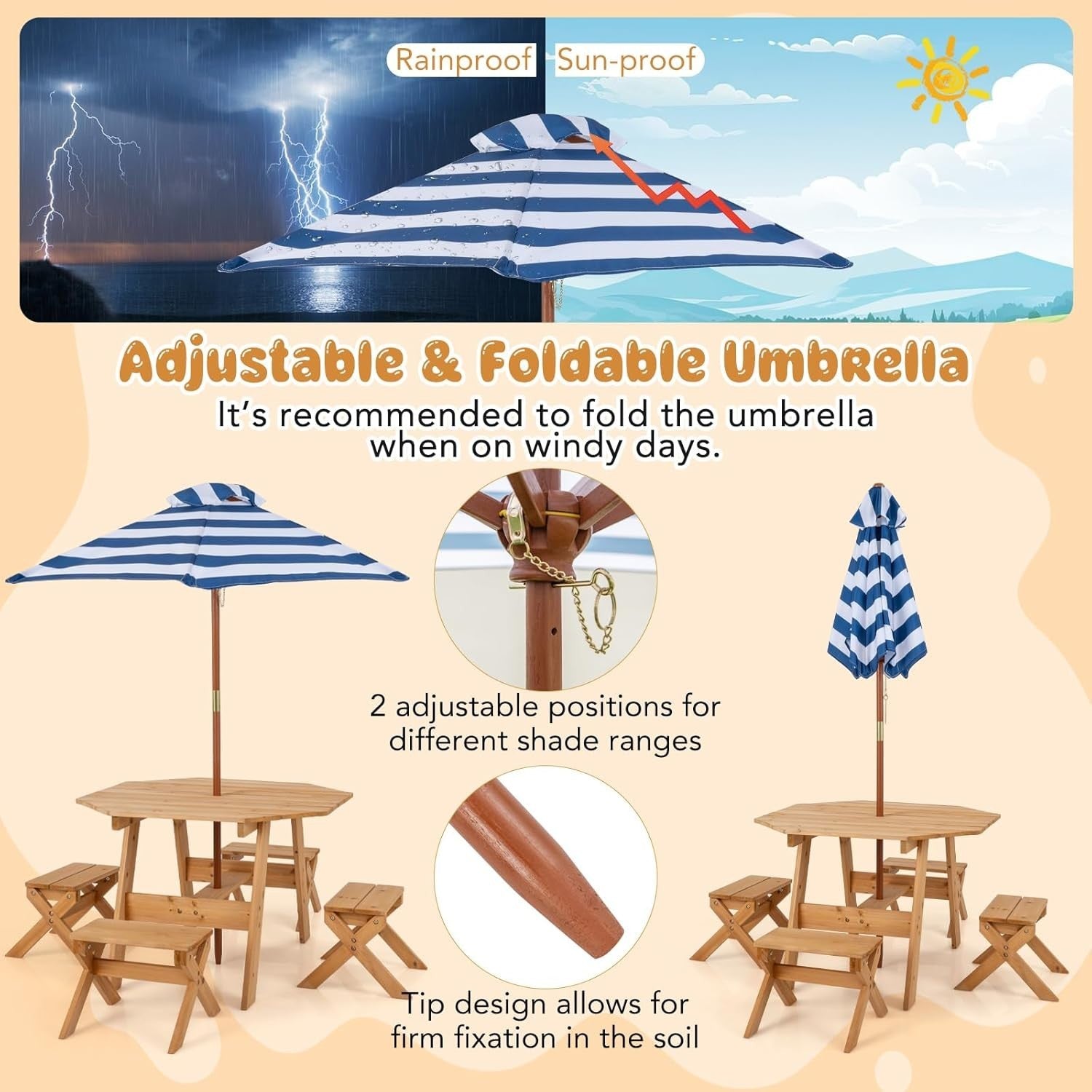 Wooden Kids Picnic Table Set with 4 Stools & Adjustable Umbrella Outdoor