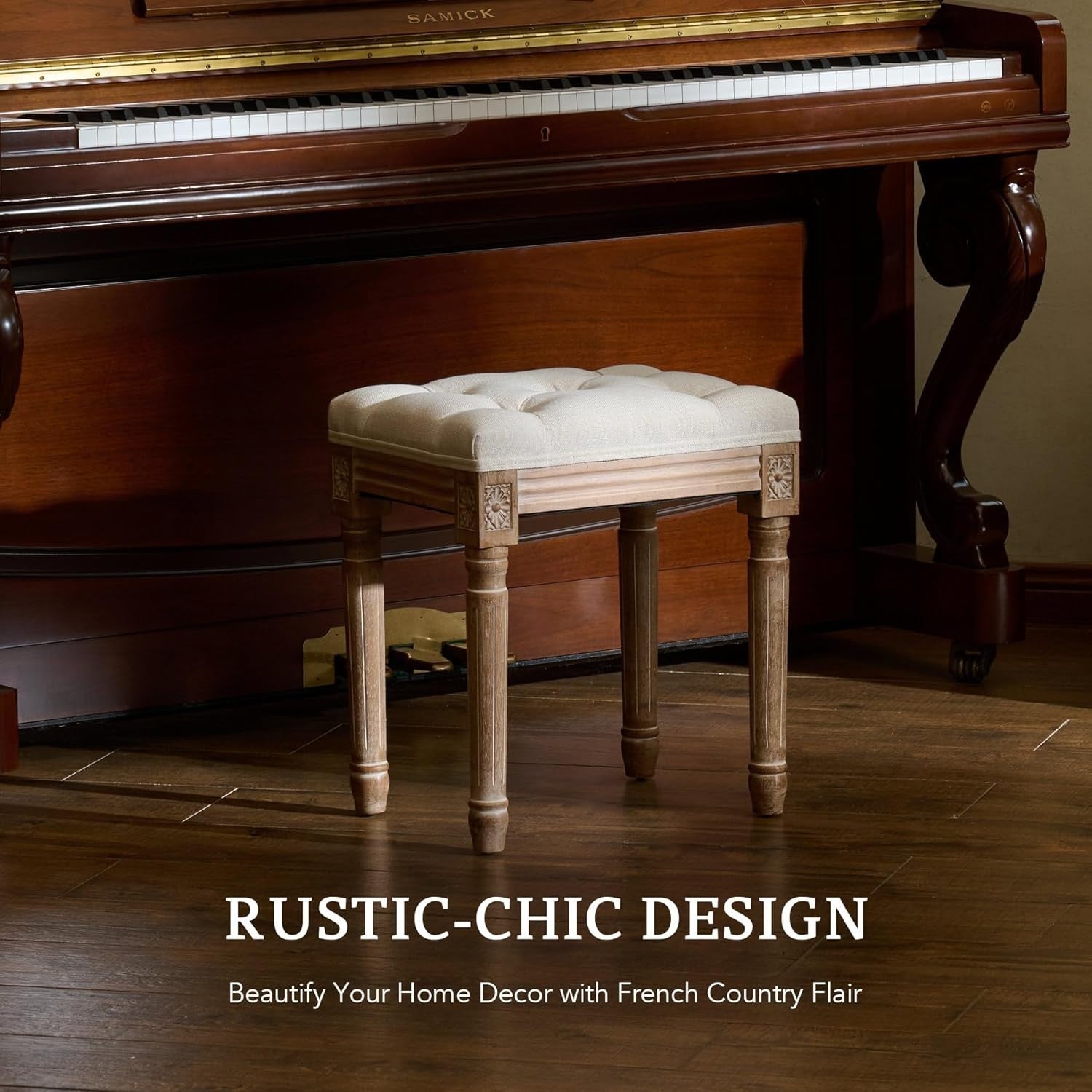 Beige French Vintage Ottoman Stool – Padded Tufted Seat 47cm High