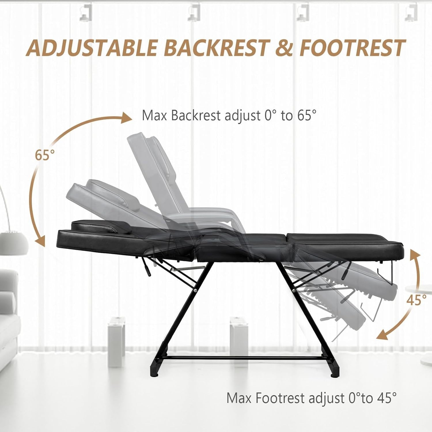 Adjustable 3-Section Massage Table with Stool Spa Facial Tattoo Beauty Bed Black
