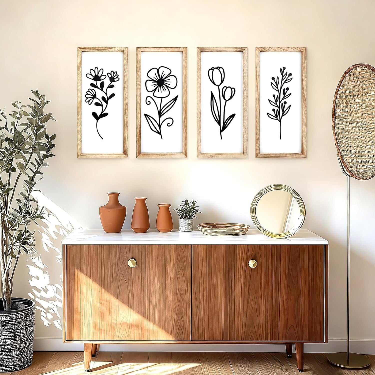 Large 3D Wooden Floral Wall Art Set of 4 Boho Frame Decor for Living Room