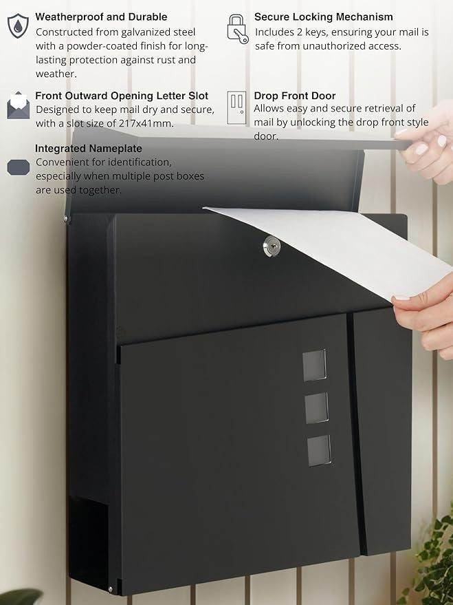 Modern Wall Mounted Post Box Black Stainless Steel Secure Lock Weatherproof 37cm