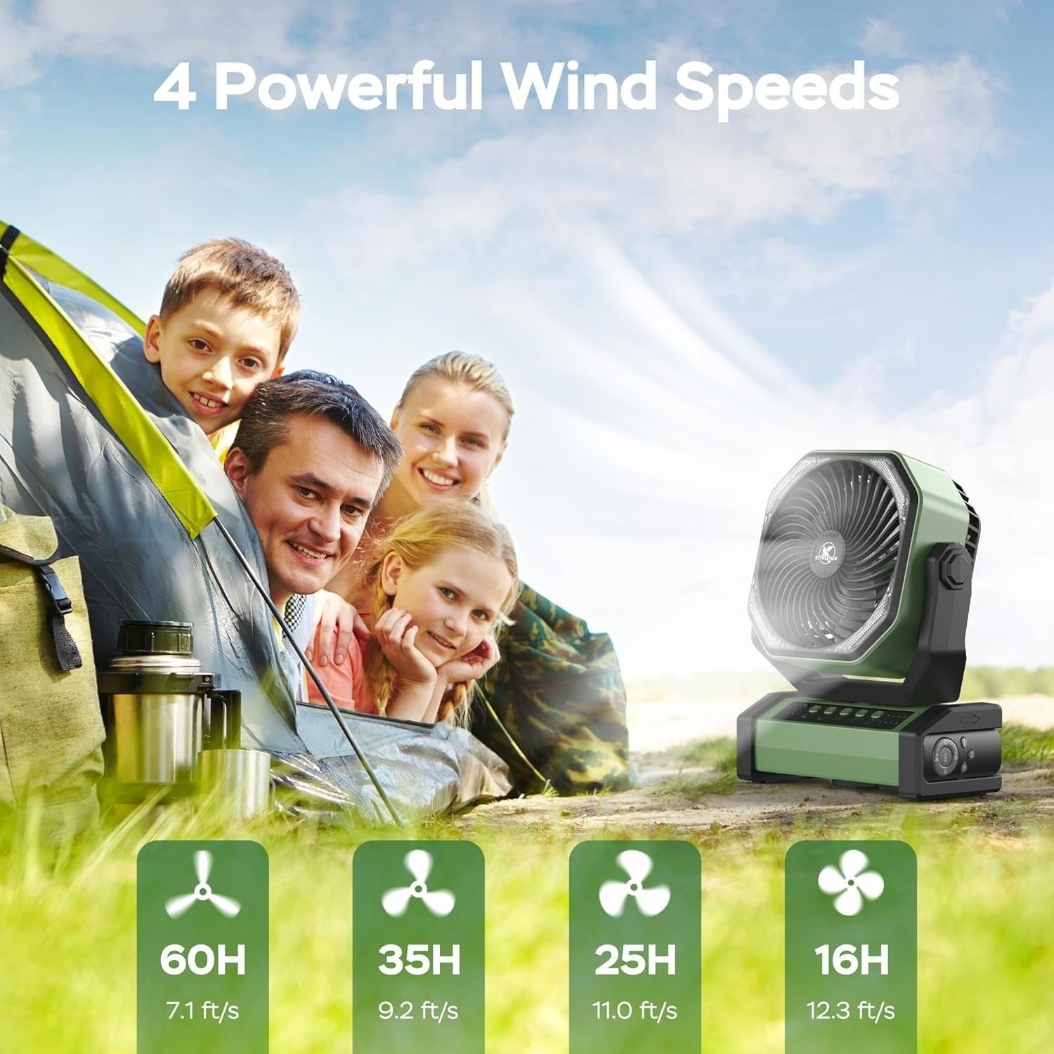 20000mAh Camping Fan – LED Desk Fan w/ Remote, Hook & Rechargeable Battery Green