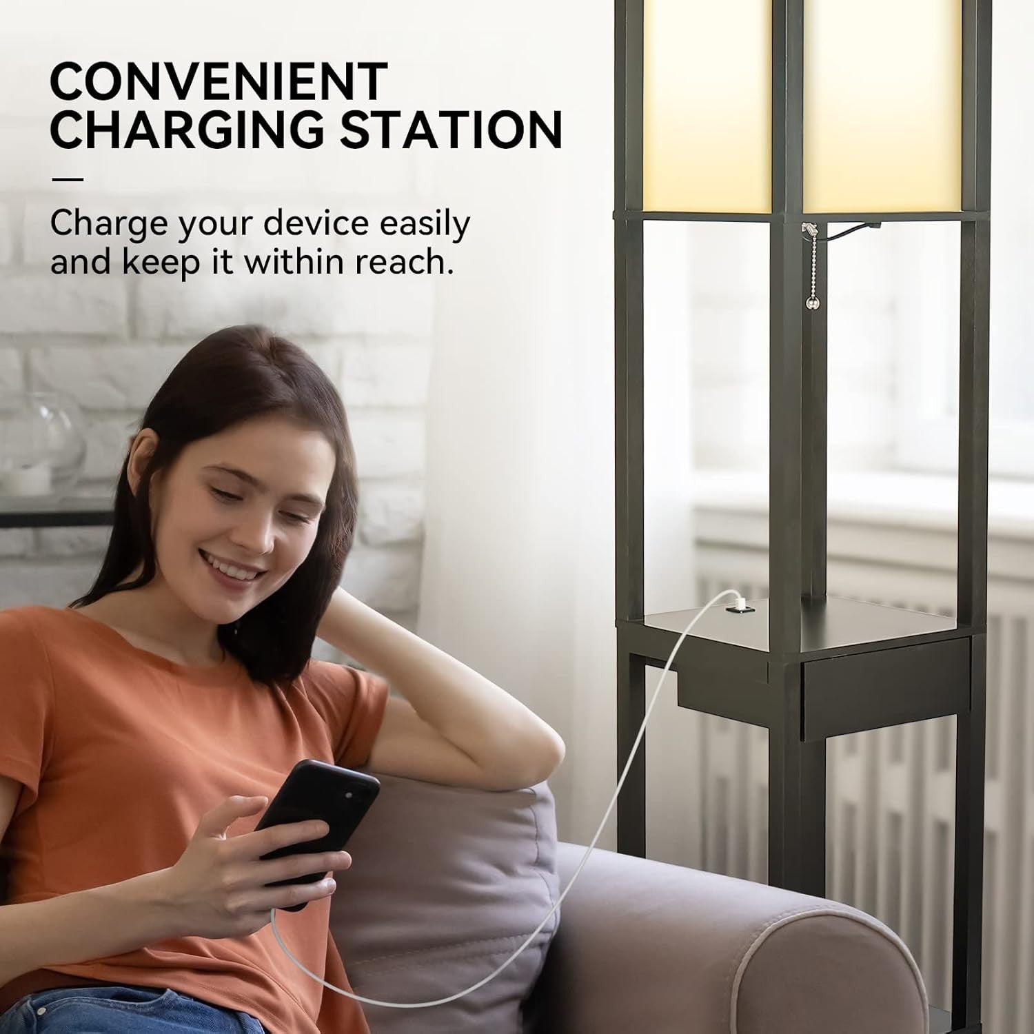 Floor Lamp with Shelves USB Charging Drawer Modern Reading Light Black