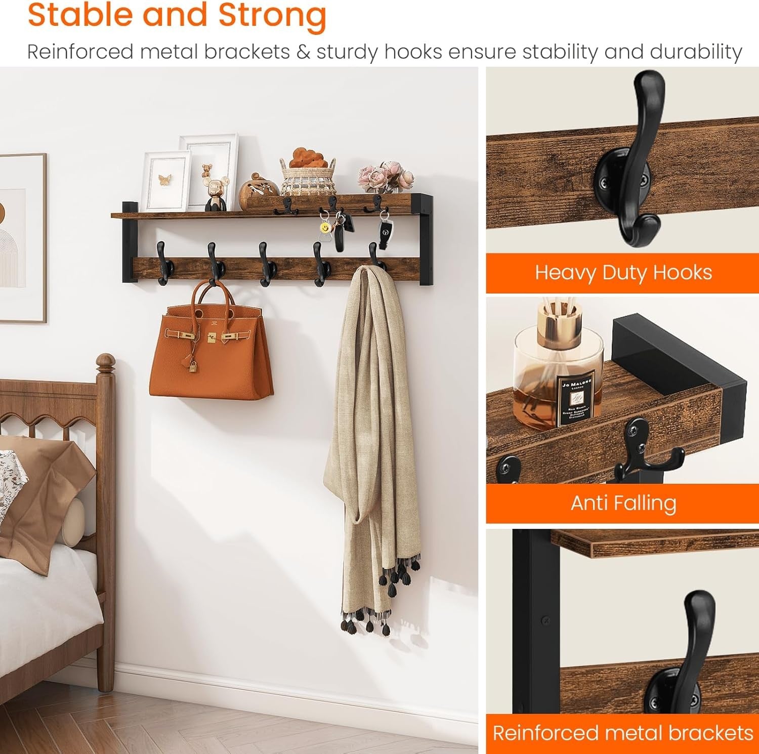 Rustic Wall Coat Rack 29" Wood Shelf with Hooks & Key Holder Entryway Organizer