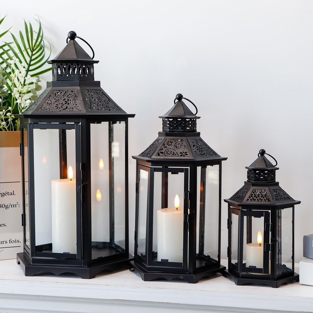 3-Pack Black Vintage Metal Candle Lanterns
