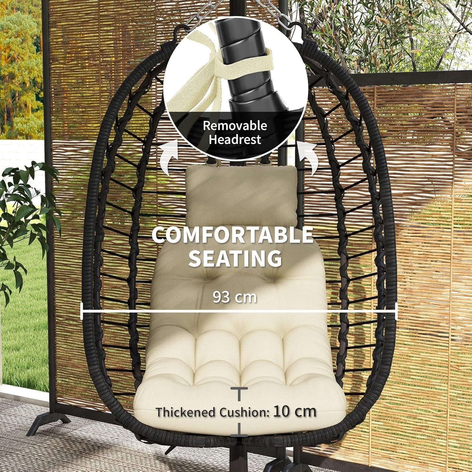 Hanging Egg Chair with Stand Cushioned Foldable Garden Swing Seat