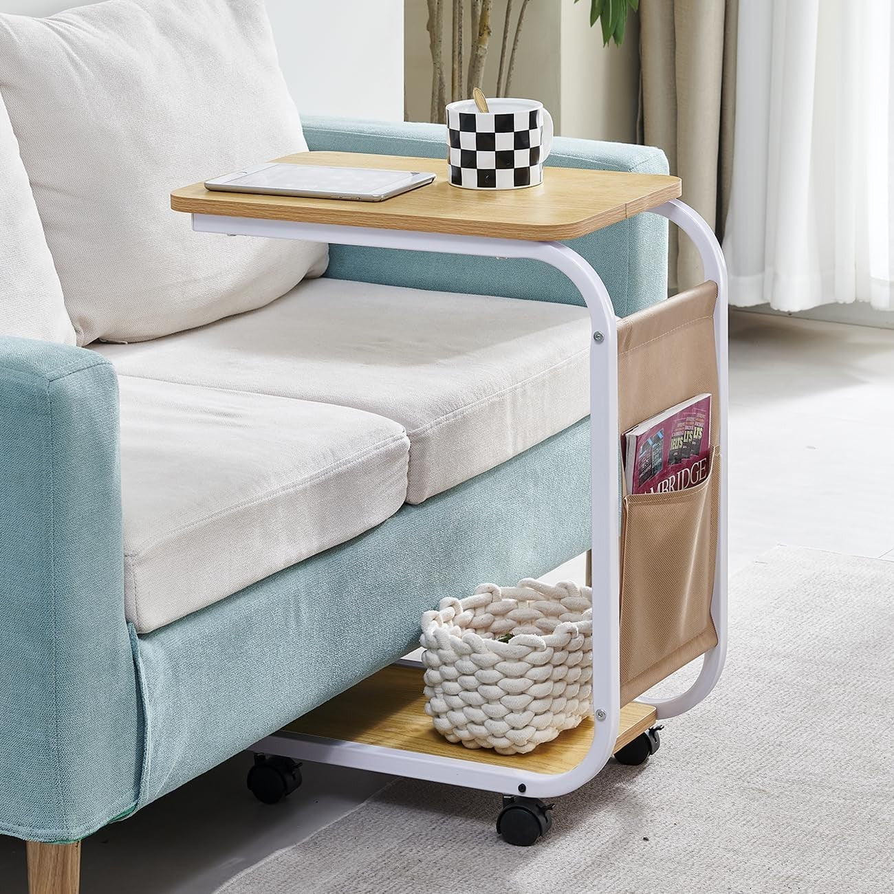 Rectangular C-Shaped Sofa Side Table with Wheels Walnut Wood Metal Frame 60cm