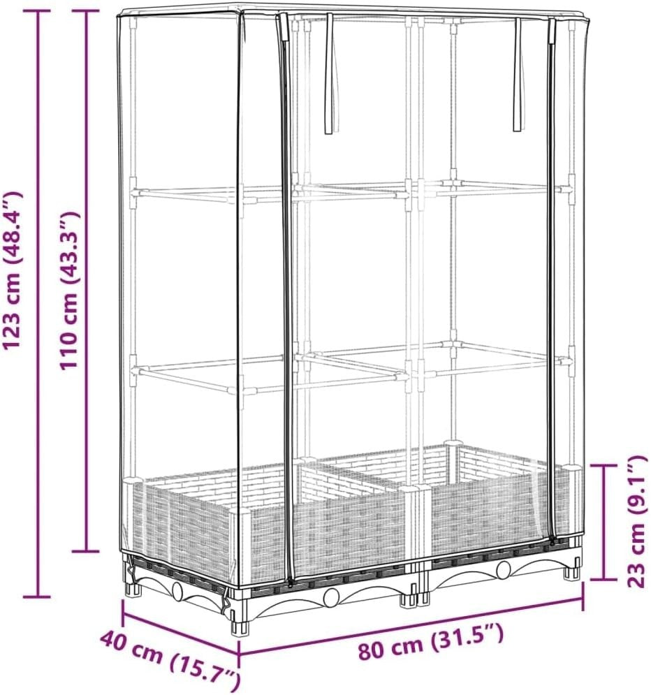 Raised Bed Planter with Greenhouse Cover 80x40x123cm | Rattan Look Polypropylene