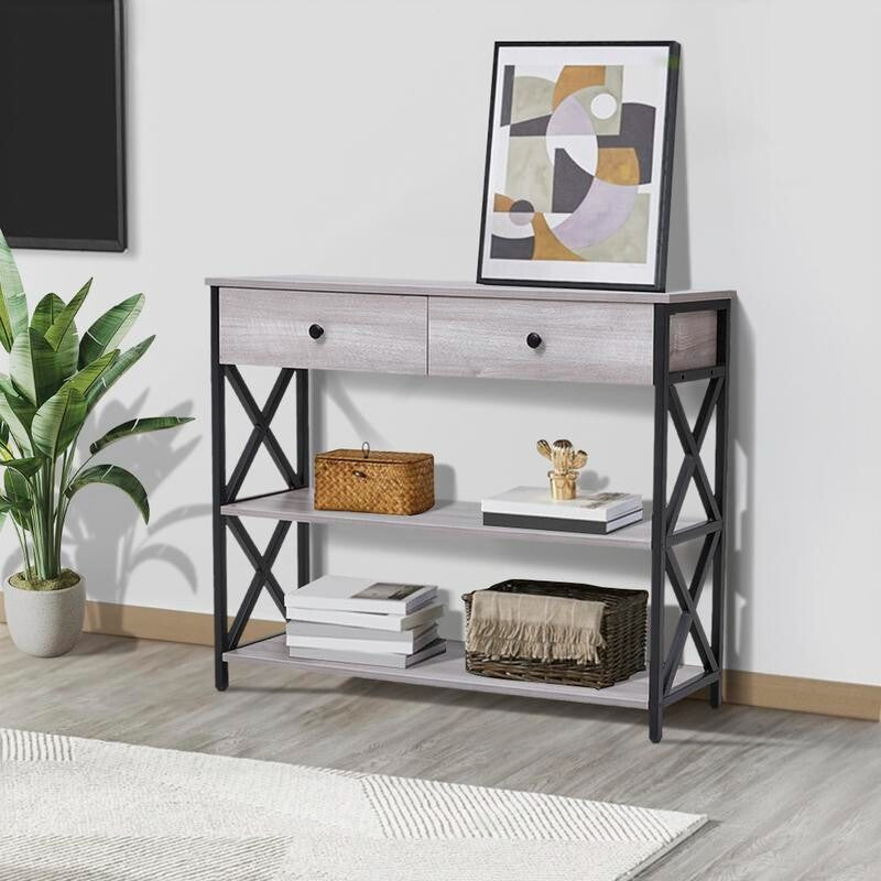 Rustic Grey Narrow Wooden Console Table with Drawers