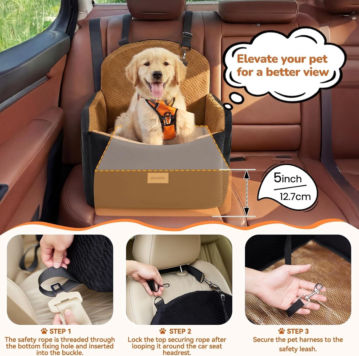 Dog Booster Car Seat Waterproof Washable Travel Bed 40lb Black Brown