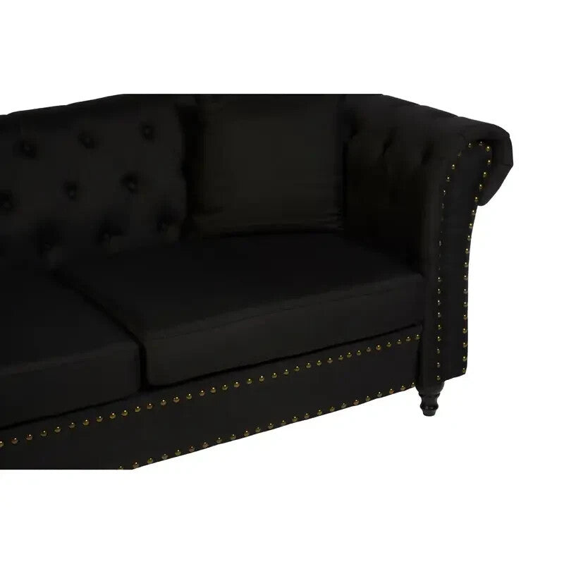 Luxury 3 Seater Black Chesterfield Sofa Fabric Upholstery Scroll Arms