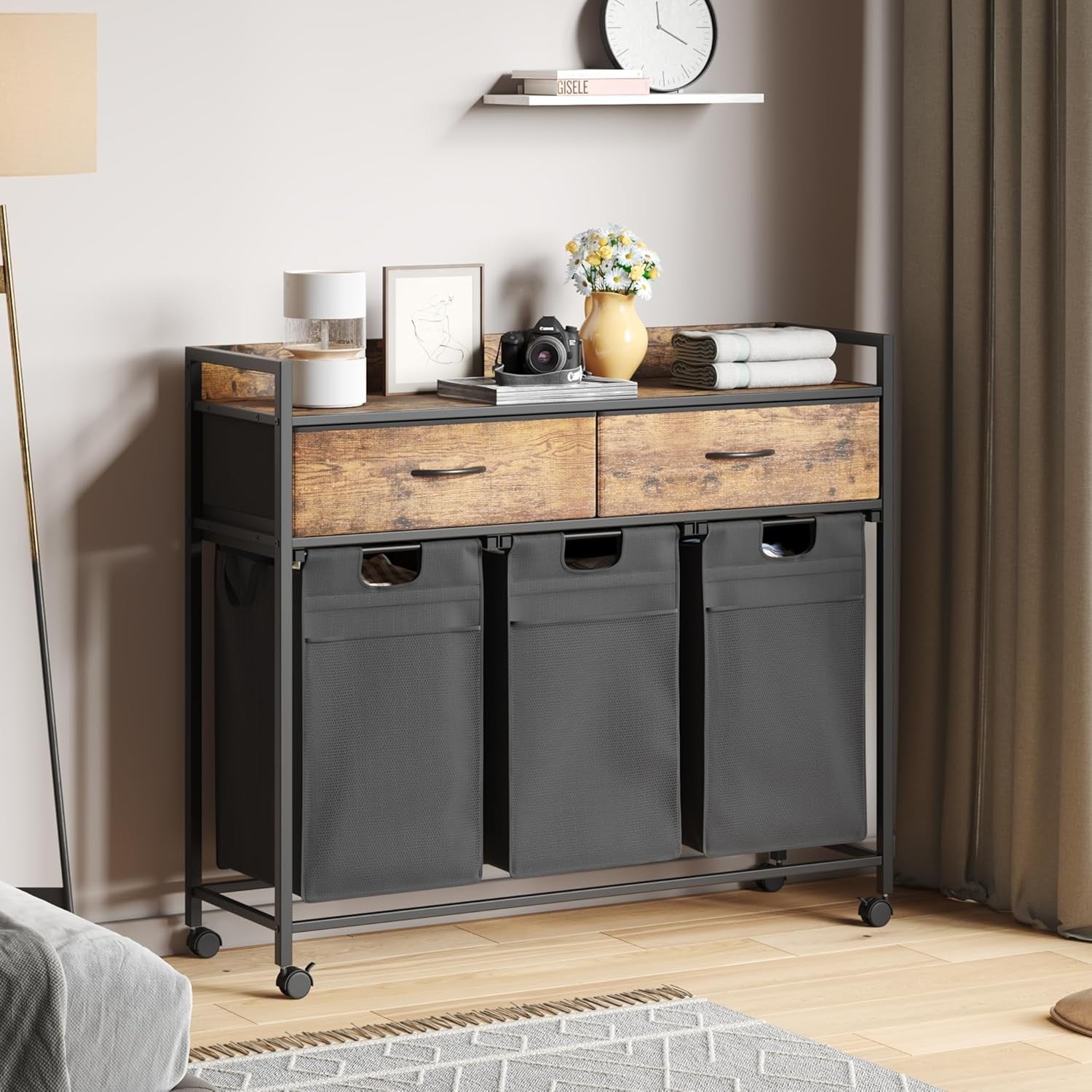 3 Compartment Laundry Sorter on Wheels with Drawers Rustic Brown Black 106cm