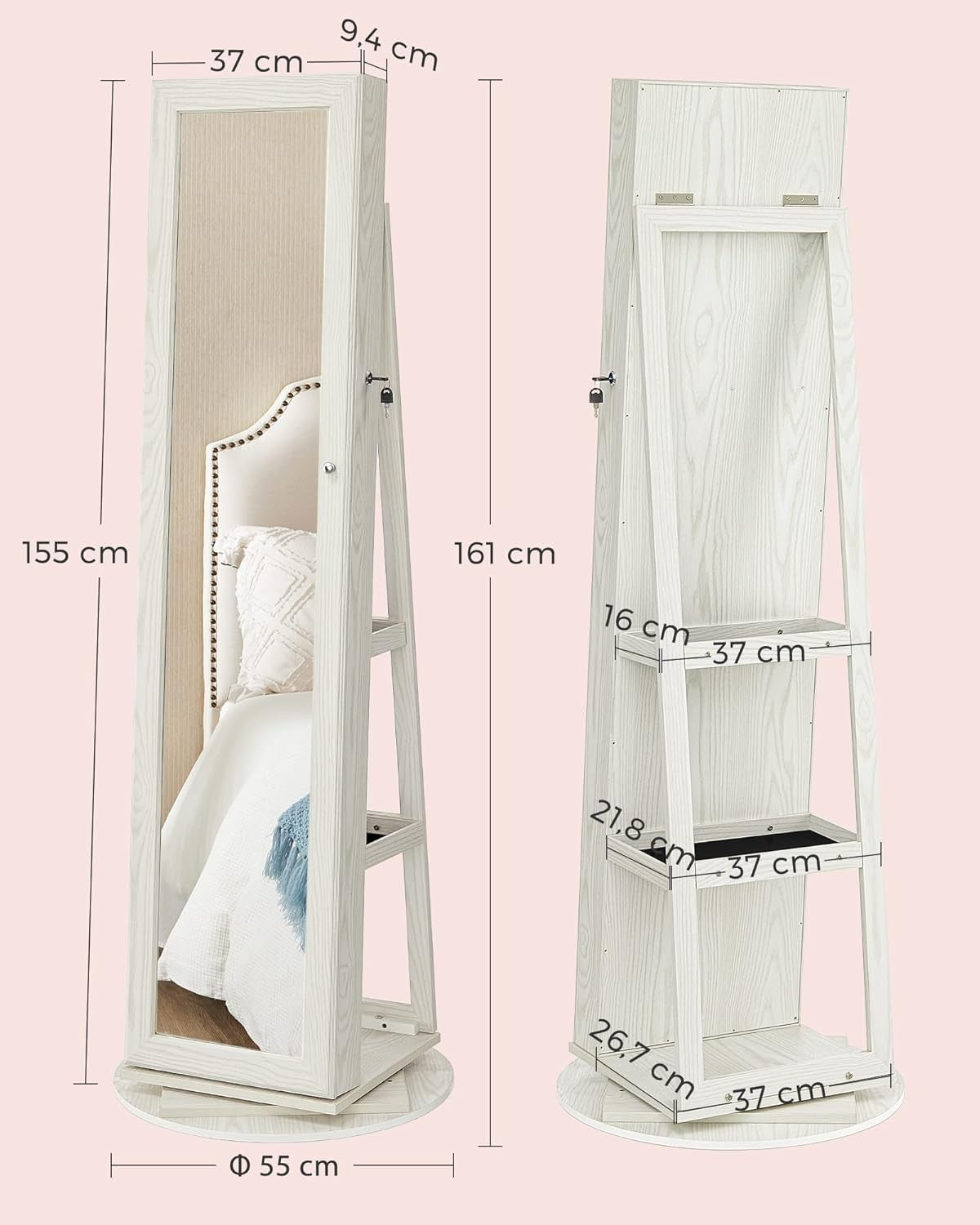 White & Grey Wood Grain 360° Swivel Jewelry Cabinet Mirror Lockable Stand