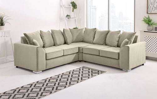 Cream Plush Velvet 5 Seater Corner Sofa –Scatterback Foam Cushions & Chrome Feet