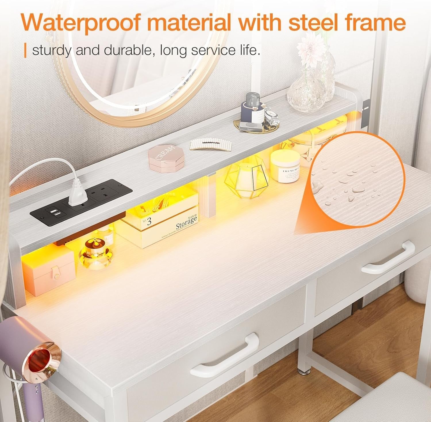 Vanity Dressing Table Desk w/ LED Lights Power Outlet Storage & Stool White