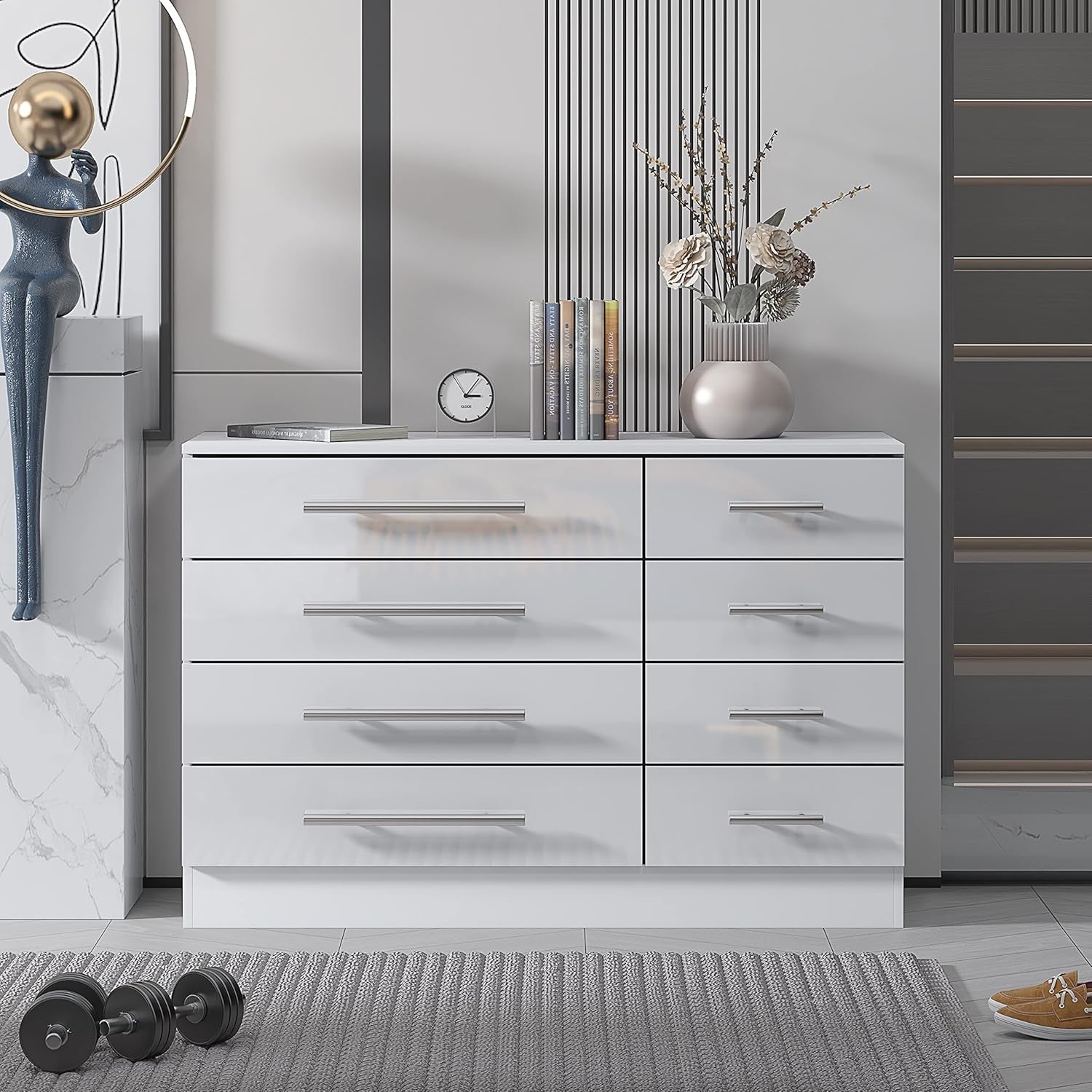 8 Drawer White High Gloss Chest of Drawers Modern Bedroom Storage Cabinet