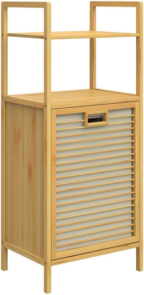 Laundry Basket Cabinet Bamboo Storage Shelf Bathroom Organiser 2 Shelves