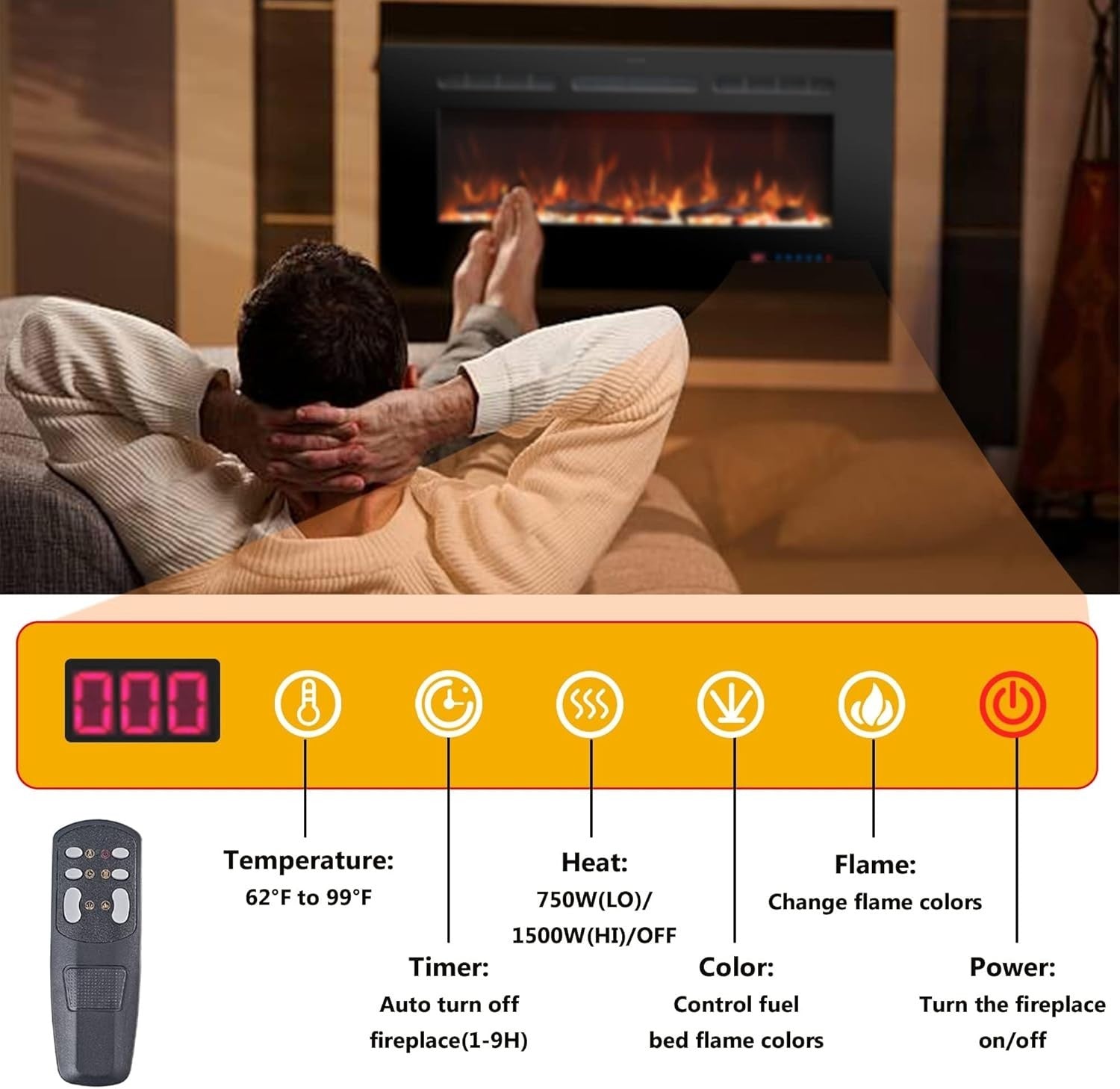 Electric Wall Fireplace Heater 42" Recessed LED Flame Remote Timer