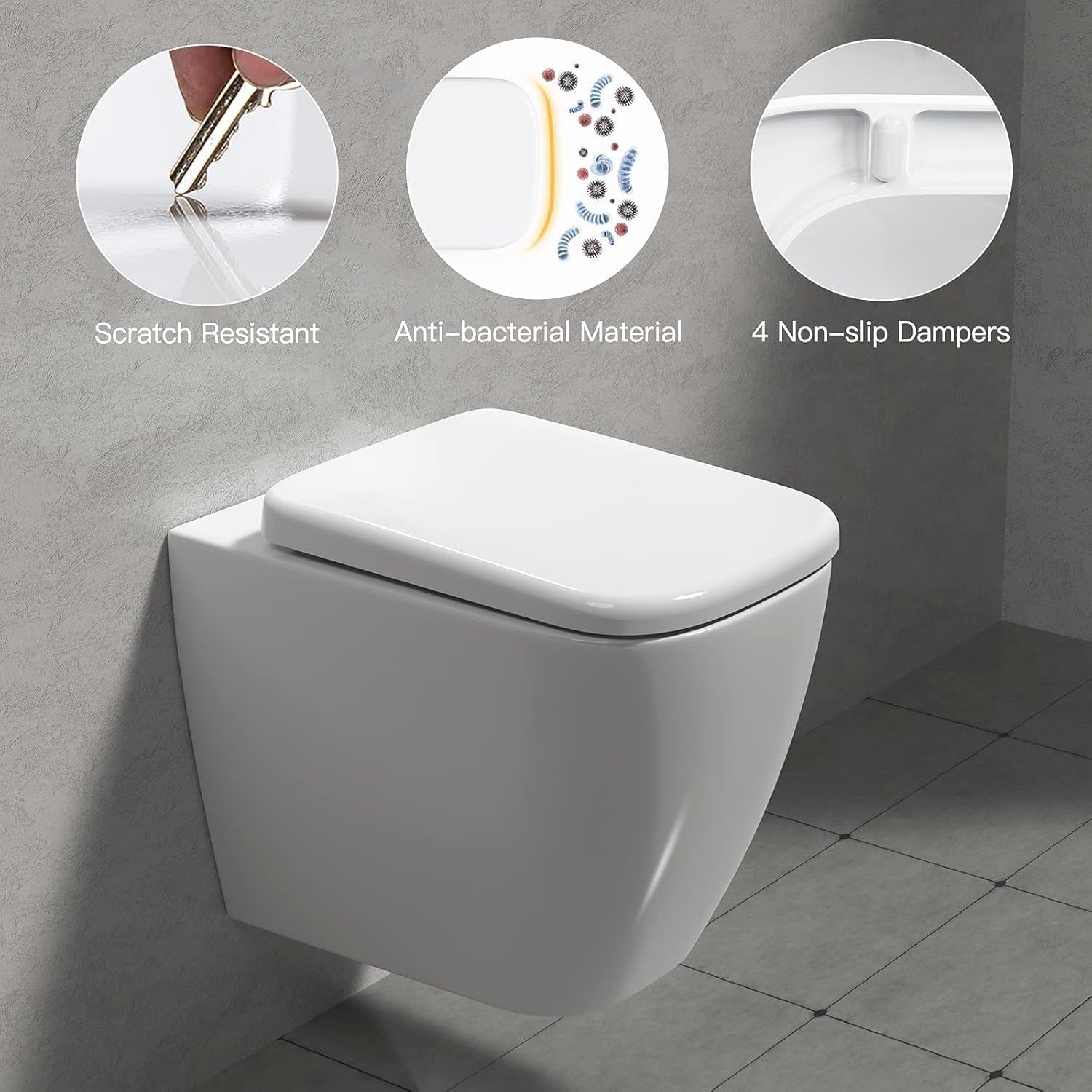 Square Toilet Seat Soft Close Quick Release Top Fix White Anti-Bacterial 35x46cm