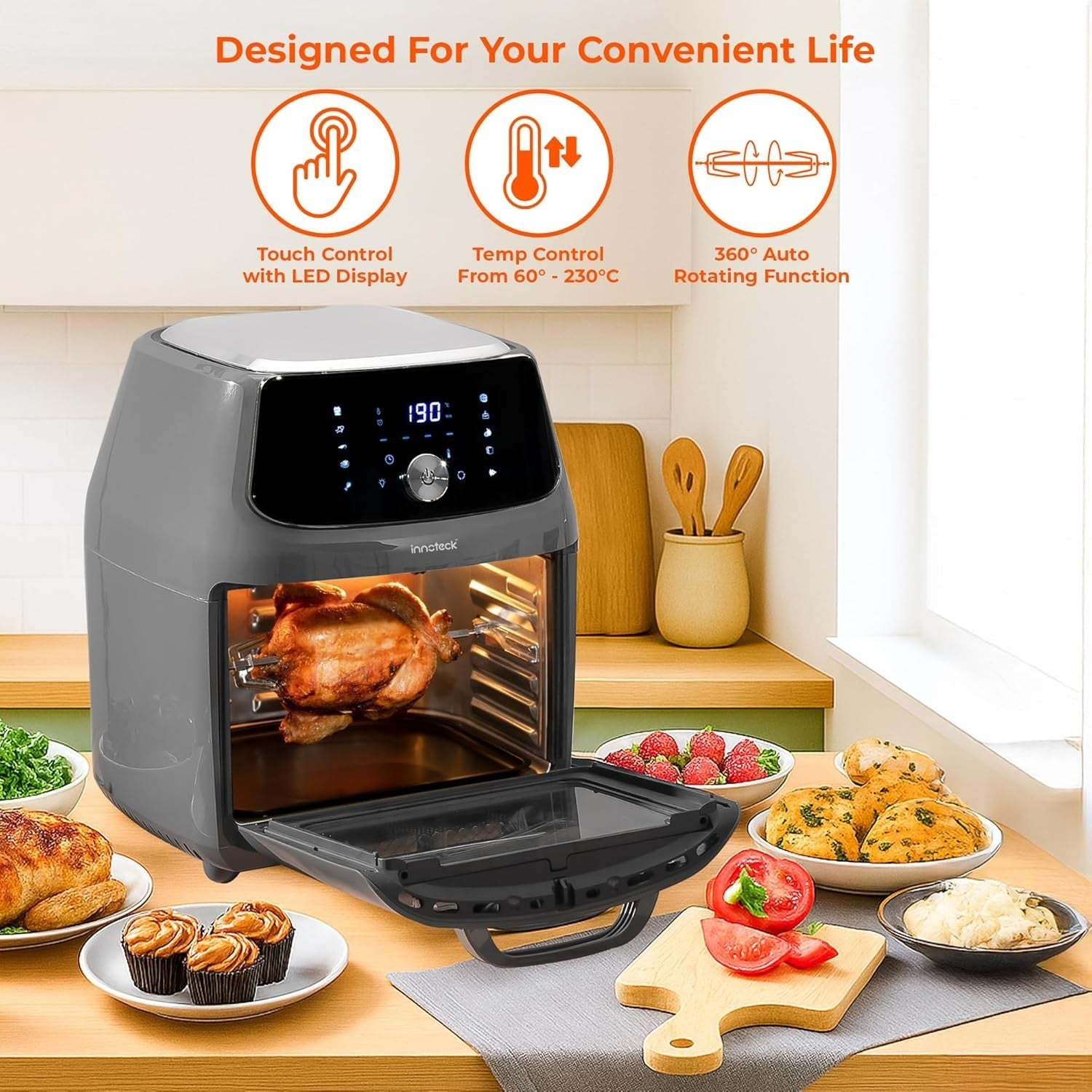 16L Air Fryer Oven Rotisserie 1800W 10 Presets Touchscreen Window
