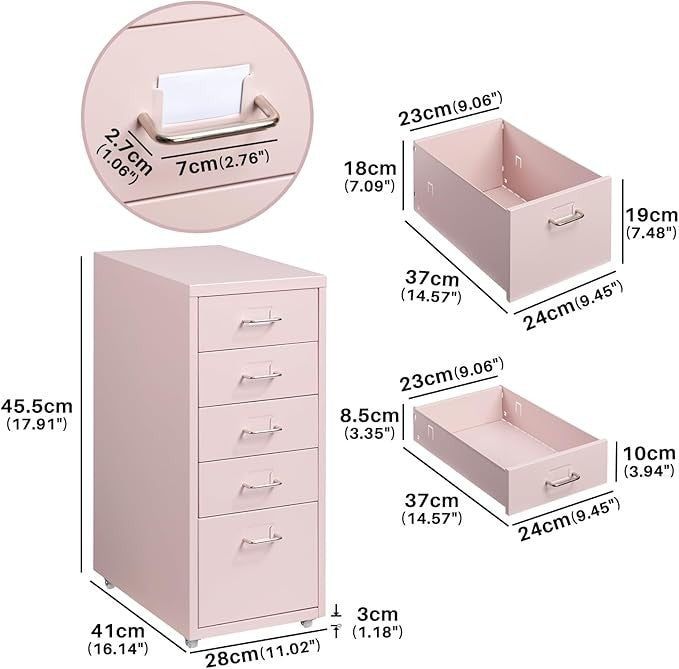 5 Drawer Metal File Cabinet with Wheels, Rolling Lockable Office Storage Unit
