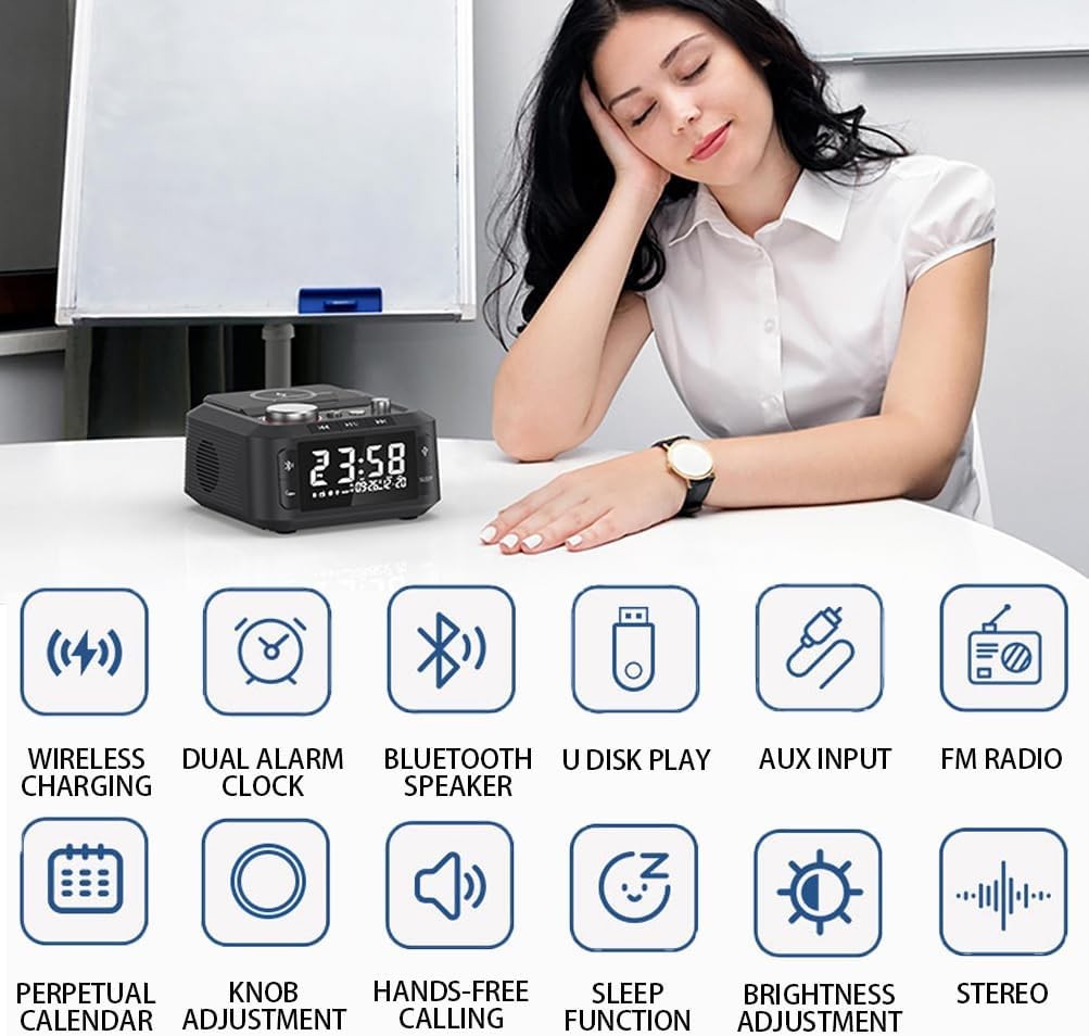 Wireless Charging Alarm Clock Radio 15W Fast Charge LED Night Light Speaker