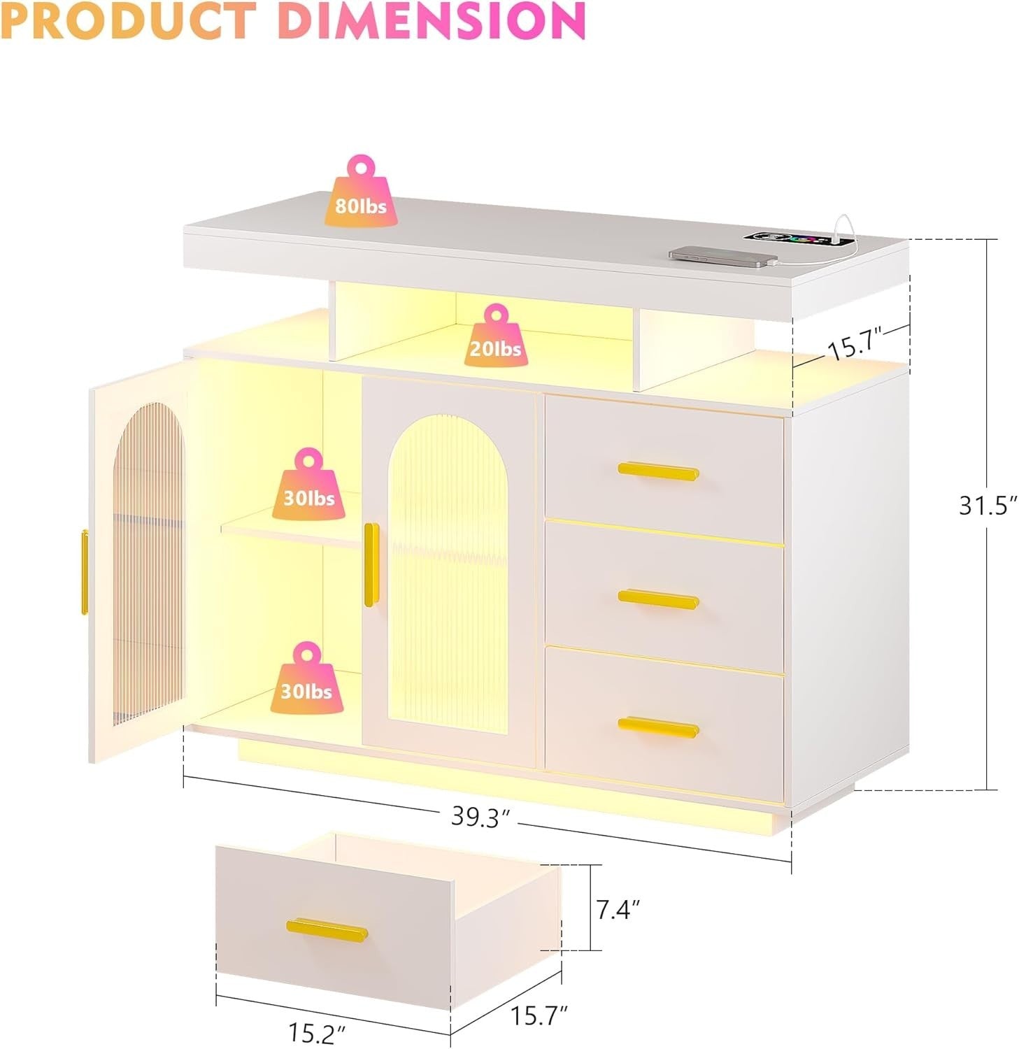 Wireless Charging Buffet Cabinet with RGB LED Light & 3 Drawer Storage