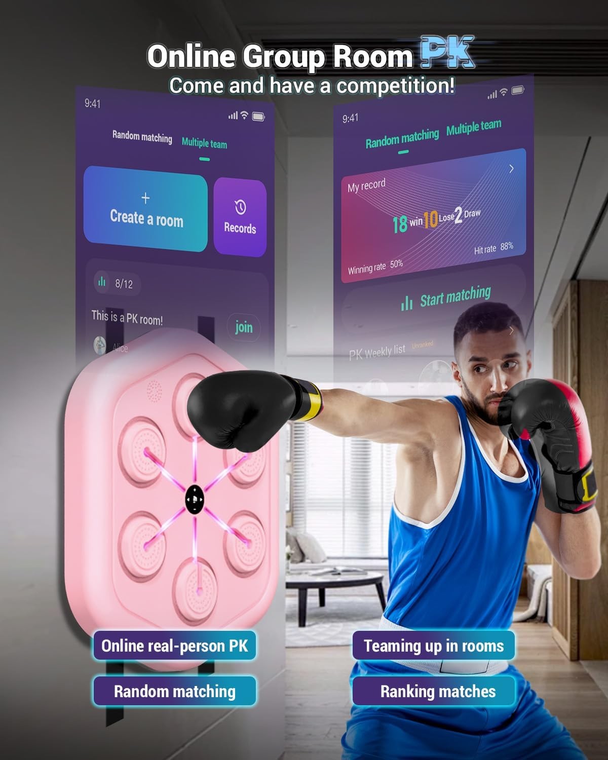 Smart Music Boxing Machine Wall Mounted Bluetooth LED Punch Trainer Home Gym