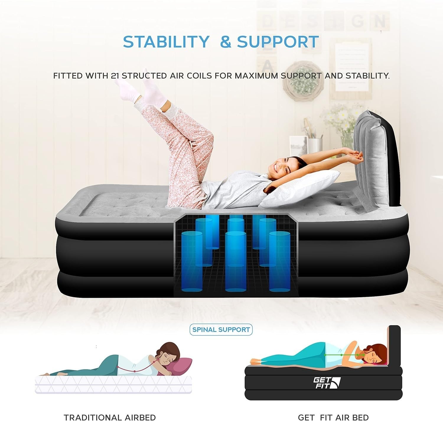 Inflatable Black Air Bed with Built-in Electric Pump & Pillow Quick Inflate,