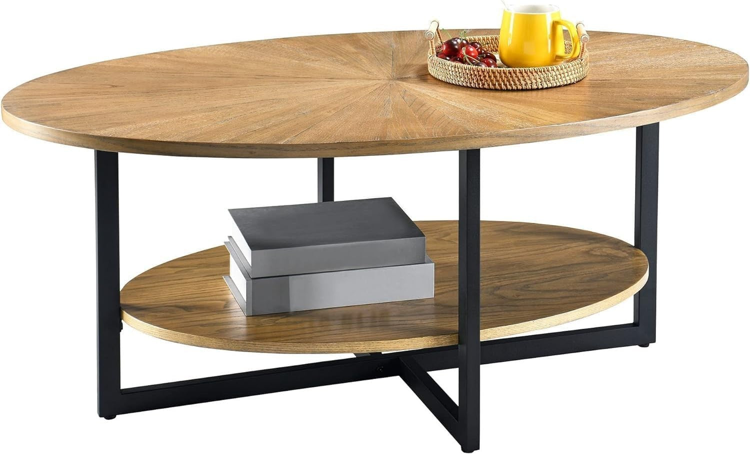 Rustic Brown Oval Coffee Table with Cross Metal Legs & 2-Tier Shelf 110cm