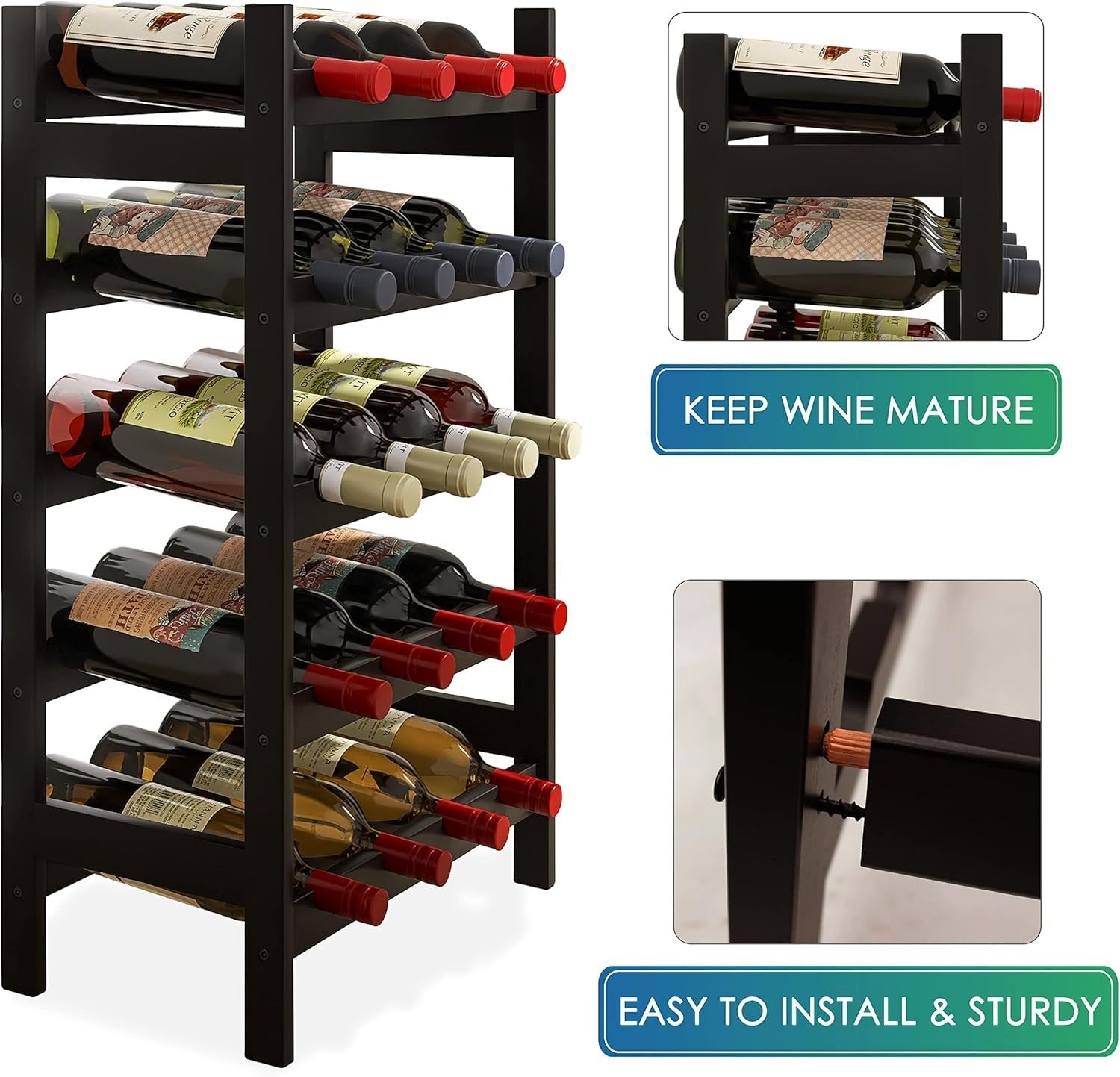 5 Tier Wooden Wine Rack 20 Bottle Storage Stand Free Standing Black Kitchen Bar
