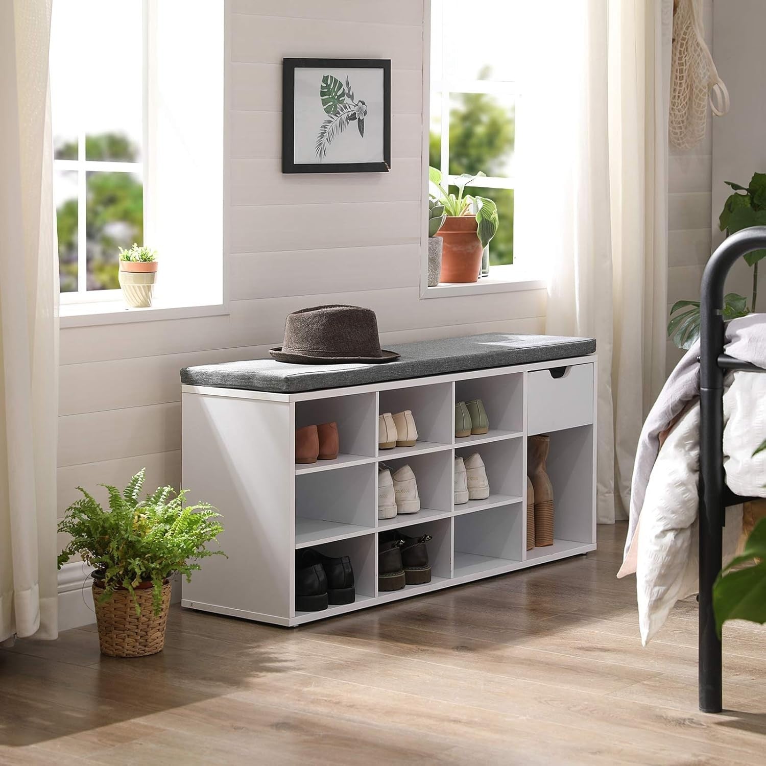 Shoe Storage Bench with Cushion, Drawer & Open Compartments White/Grey