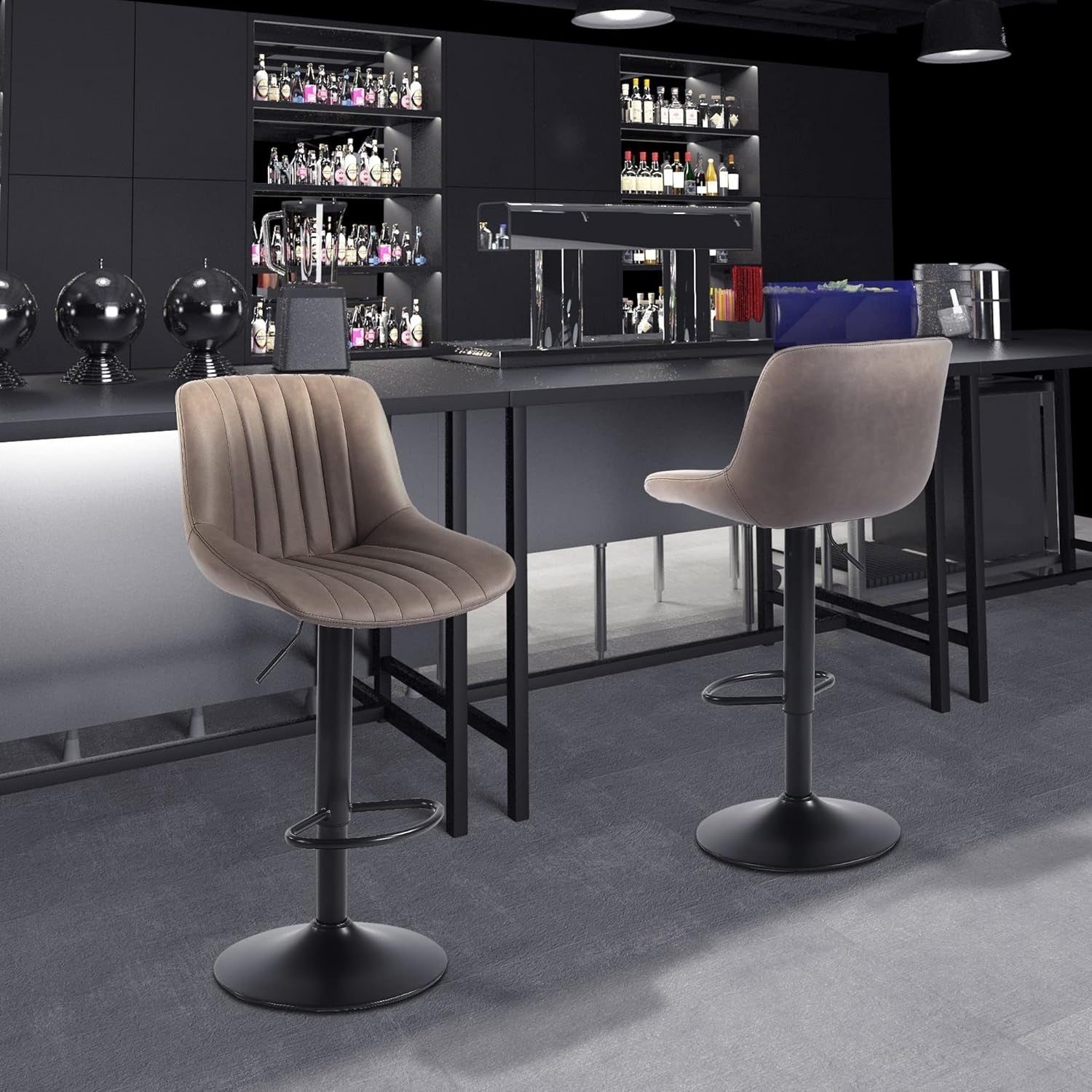 Brown Adjustable Swivel Bar Stools Set of 2 PU Counter Chairs