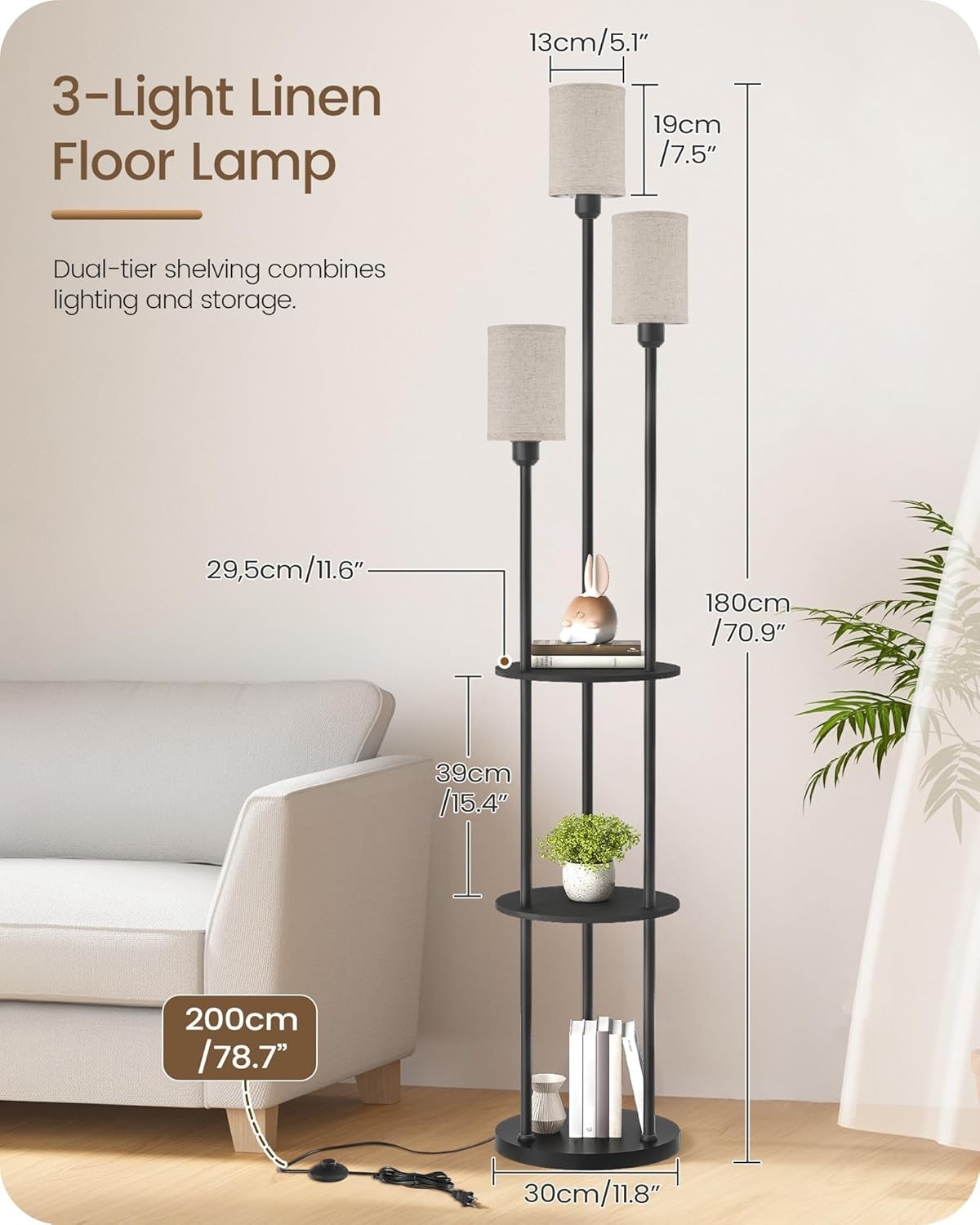 Industrial Floor Lamp with Shelves 3 Light Linen Shades Foot Switch
