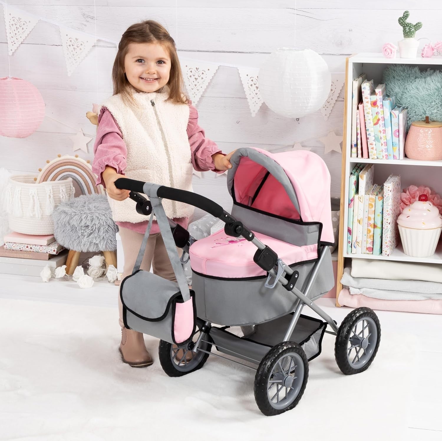 Dolls Pram Foldable Pushchair Adjustable Handle Basket Bag Toy 3+