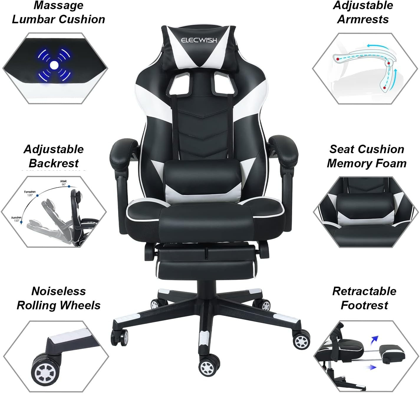 Gaming Chair with Massage & Footrest Reclining Ergonomic White