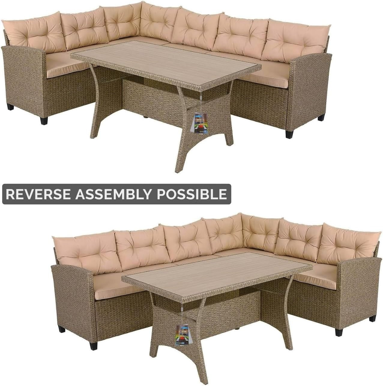 Outdoor Rattan Garden Corner Sofa Set with Cushions & WPC Table, Seats 6+