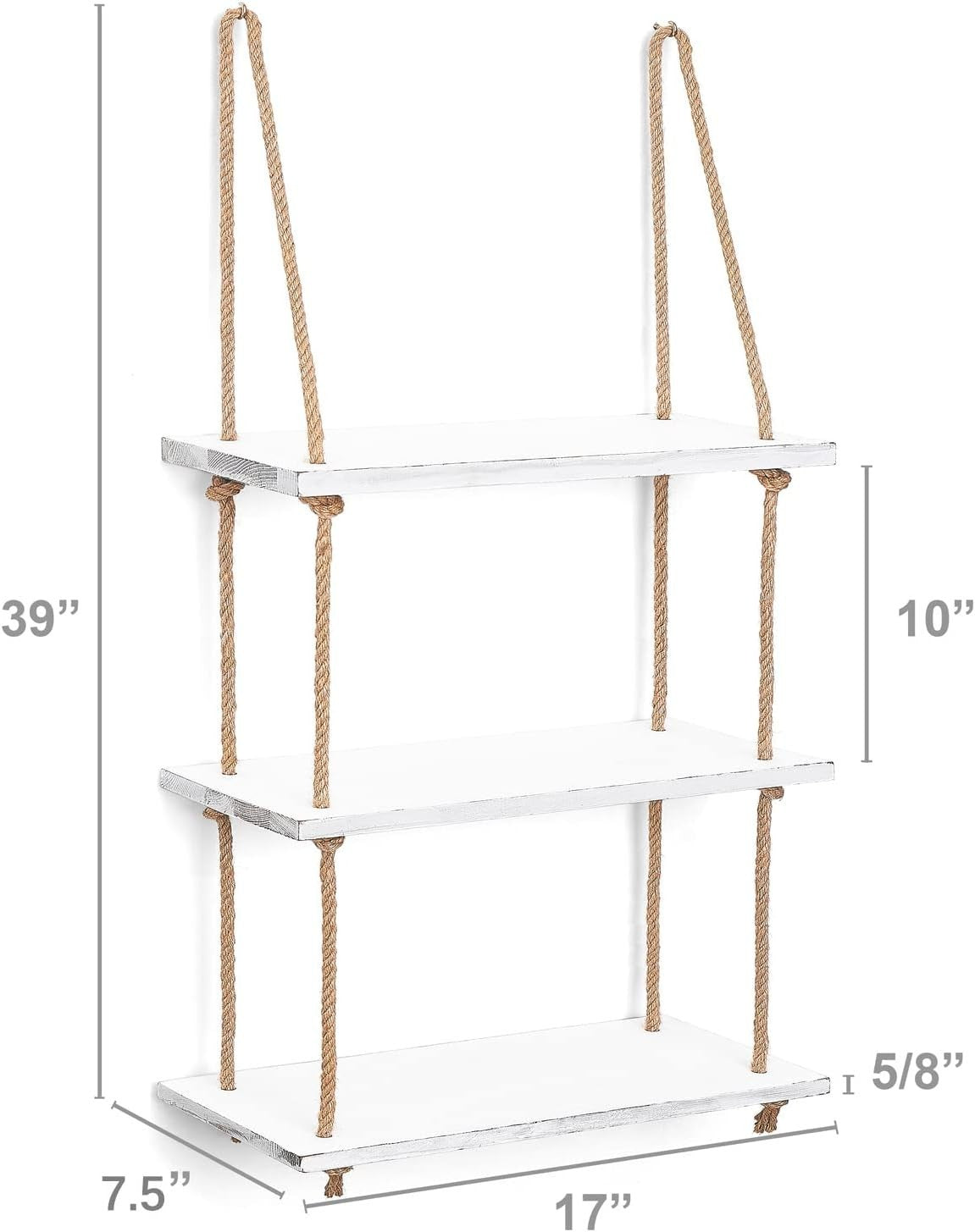 3-Tier White Wood Hanging Shelf Boho Rope Floating Decor