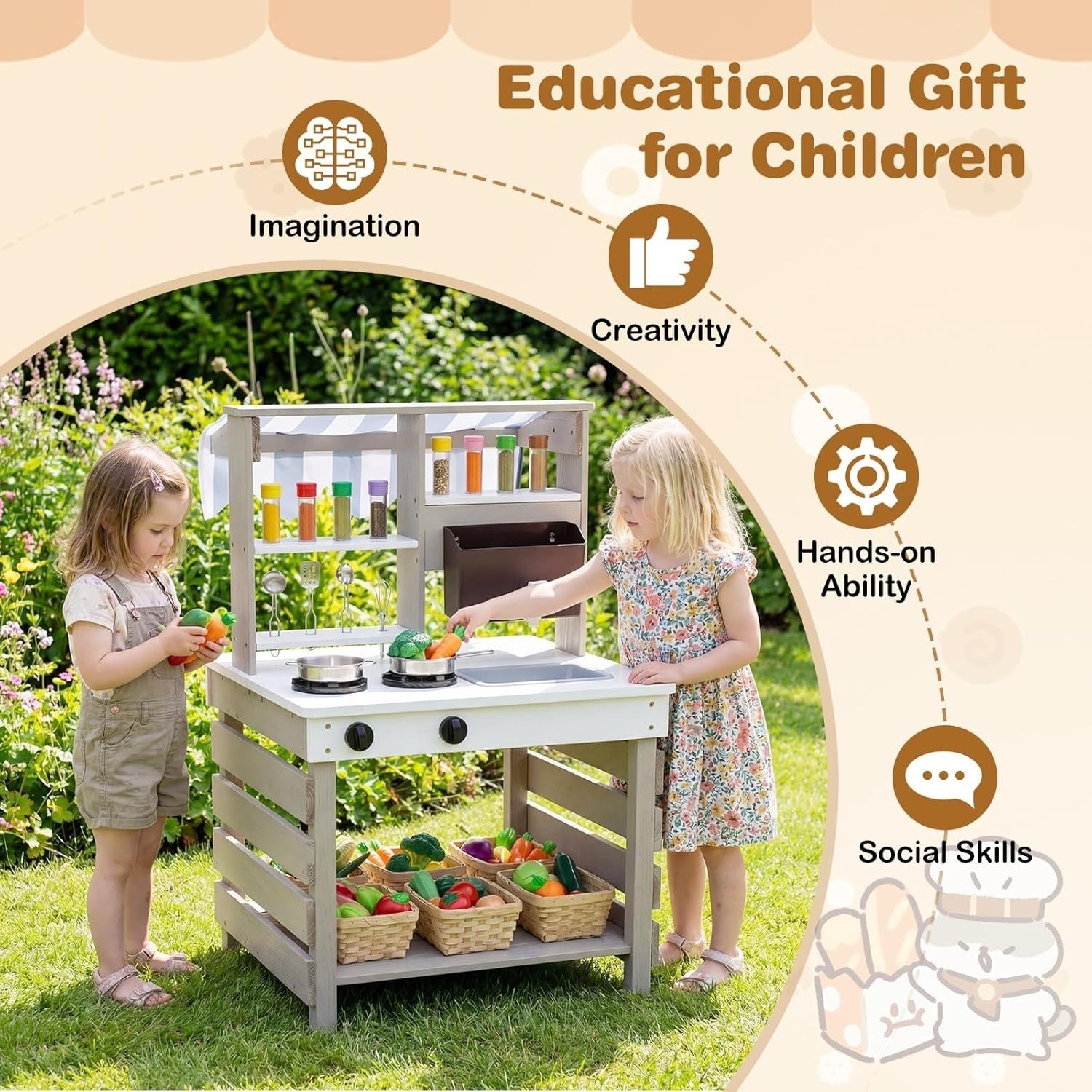 Outdoor Wooden Mud Kitchen Kids Play Cooker Grocery Stand Grey White