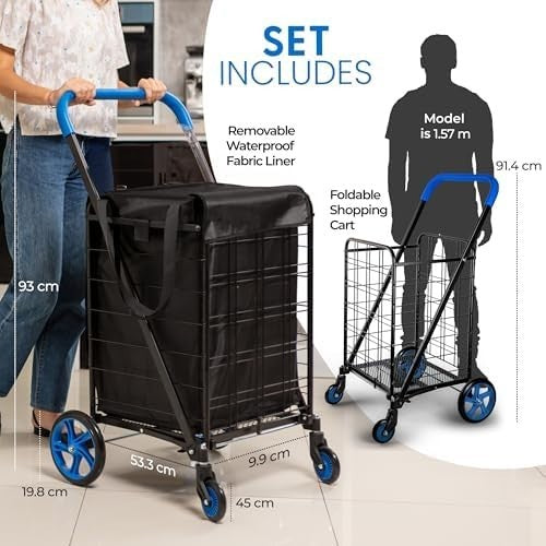 Compact Foldable Shopping Trolley Cart 32kg Capacity 360° Swivel Wheels – Blue