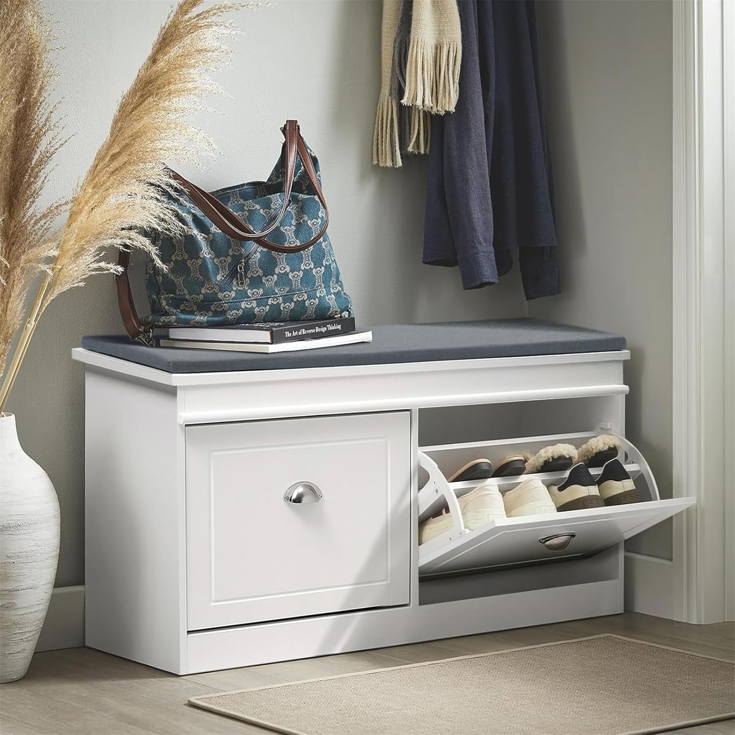 White Shoe Storage Bench with Flip Drawers & Cushion Seat 105x24x52cm