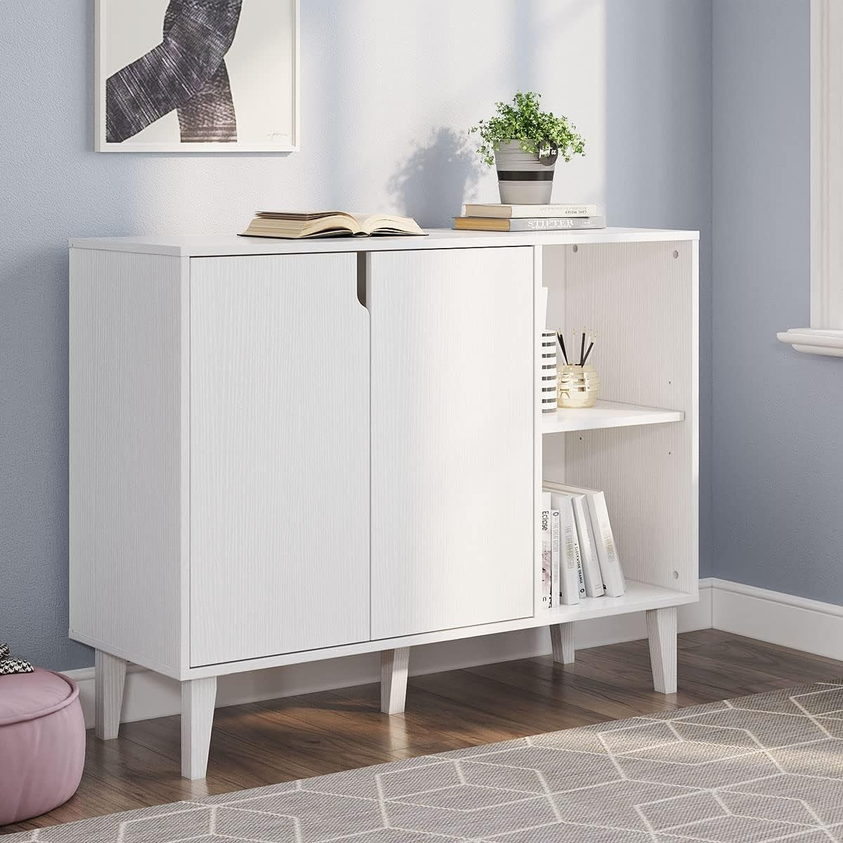 White Sideboard Buffet Cabinet with Doors & Shelves – Modern Storage Unit