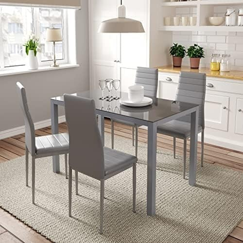 Modern 4-Seater Grey Glass Dining Table with Faux Leather Chairs