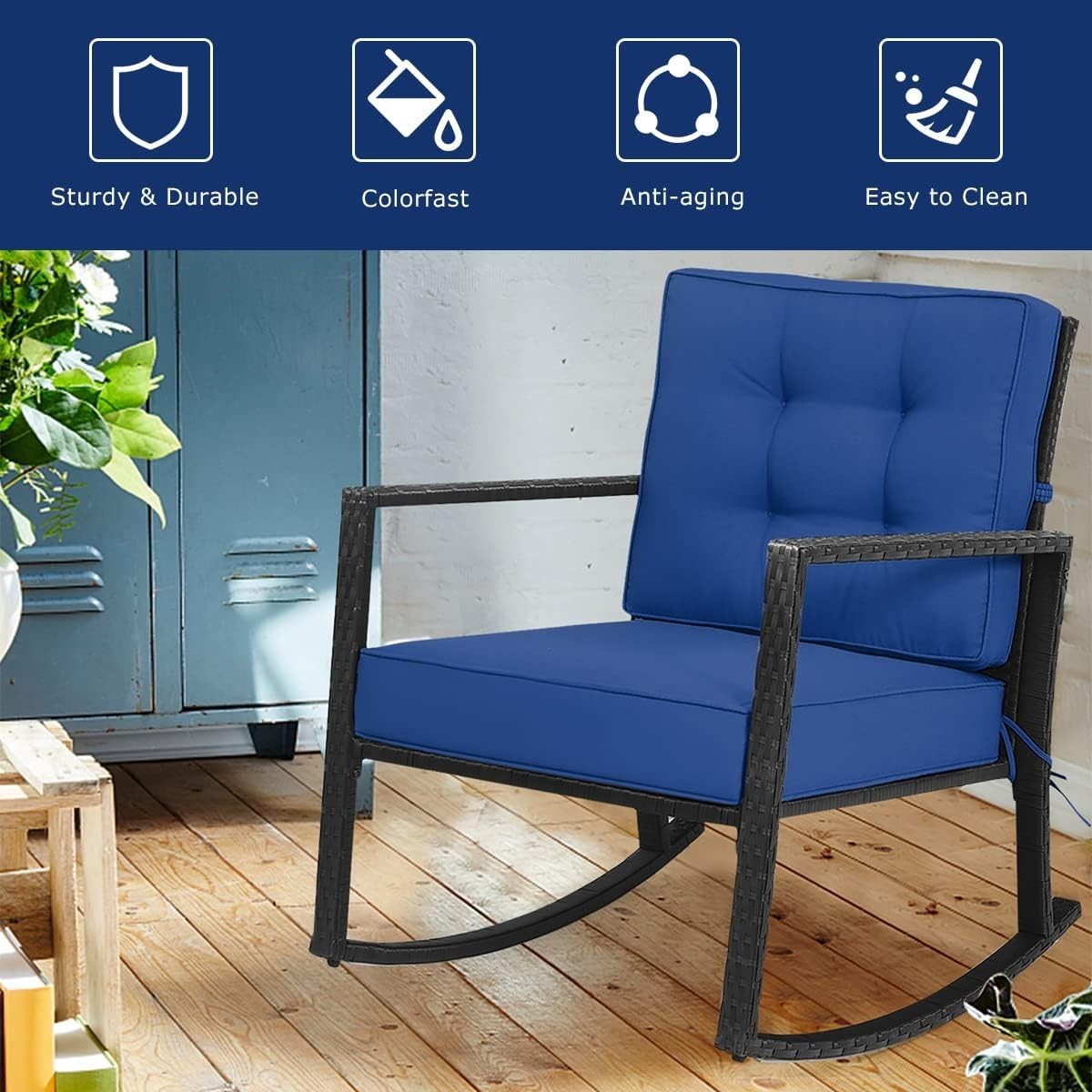 Navy Rattan Outdoor Rocking Chair with Cushions & Armrests Patio Glider