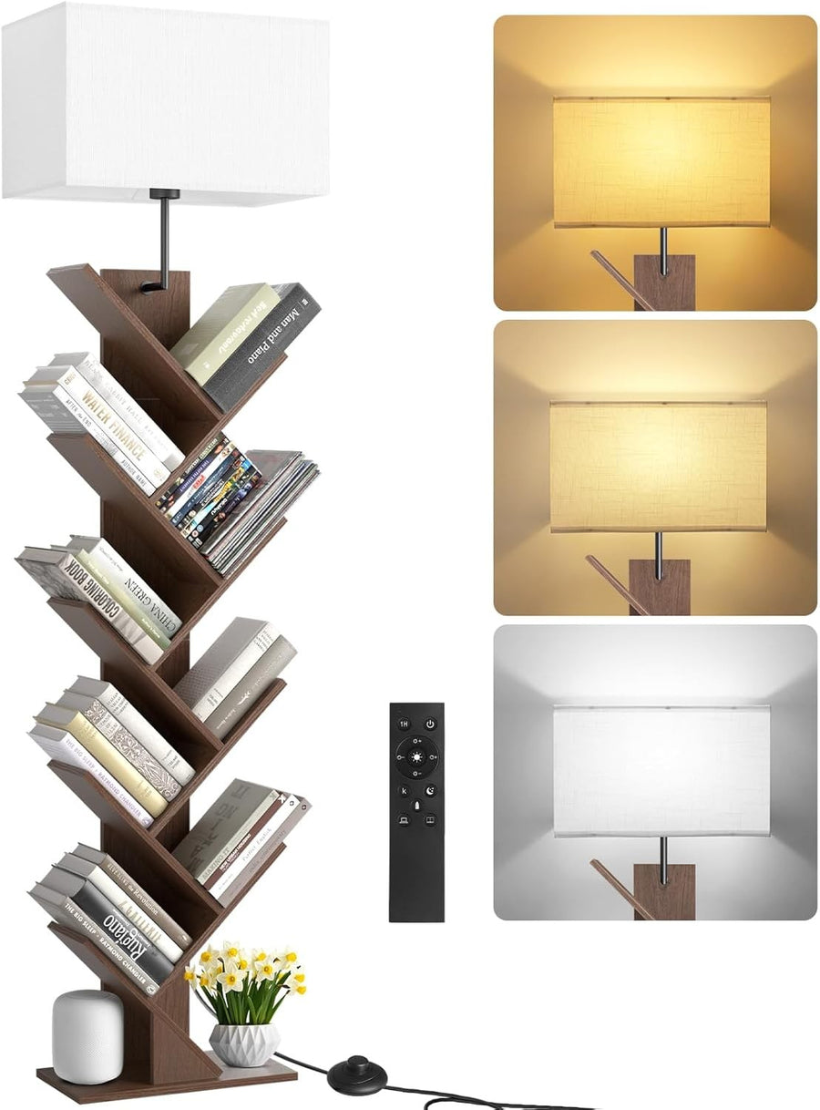 9 Tier Tree Bookshelf Walnut Floor Lamp with Remote Light Narrow Wooden Bookcase