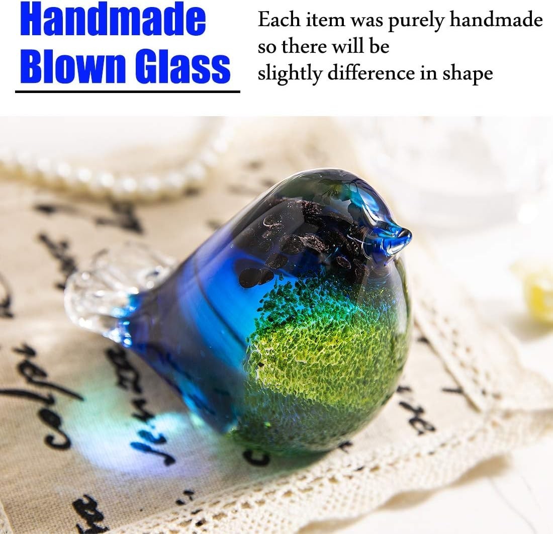 Handmade Blue Glass Bird Ornament | Blown Glass Figurine Art Decor Gift
