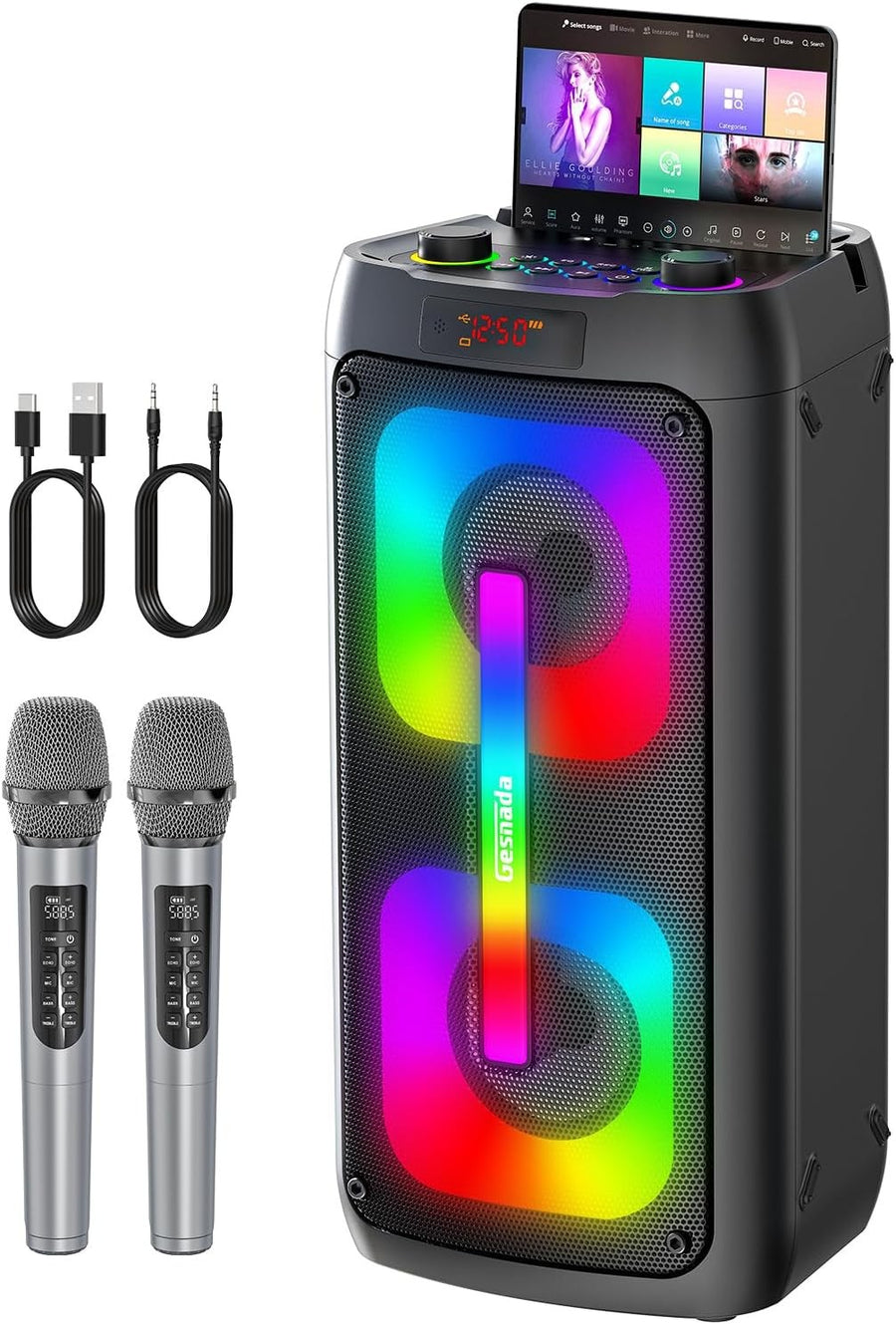 Black Karaoke Machine 2 Wireless Mics Bluetooth Disco Lights