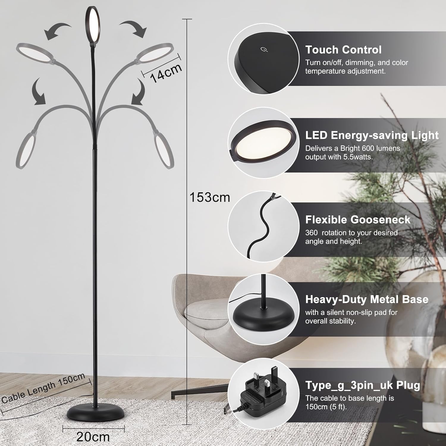 LED Floor Lamp Touch Dimmable Gooseneck Reading Light 3 Colour Modern Stand